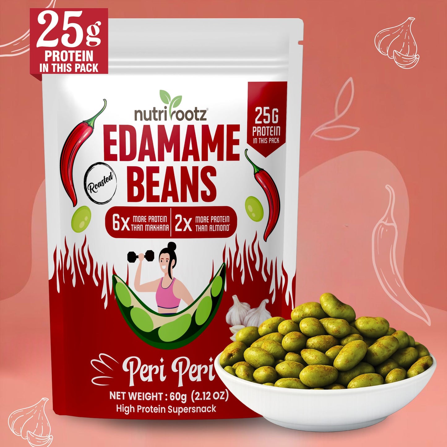 Nutrirootz Roasted Edamame Beans - Peri Peri Flavor | 25g Protein | 60g Pack | High Protein Snack