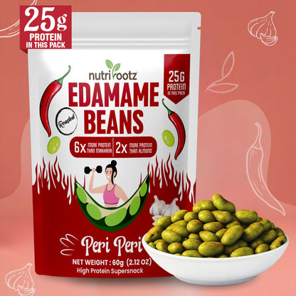 Nutrirootz Roasted Edamame Beans - Peri Peri Flavor | 25g Protein | 60g Pack | High Protein Snack