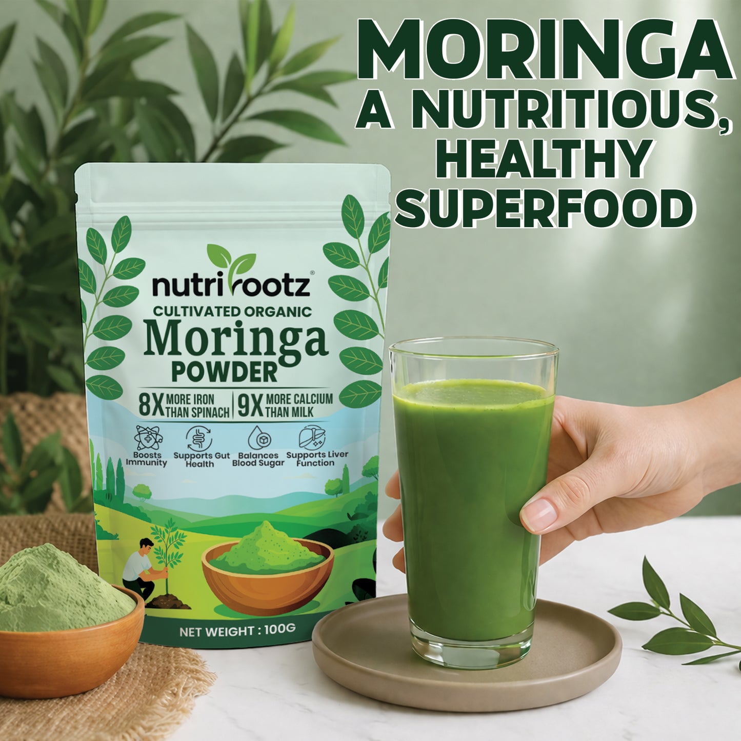 NUTRIROOTZ Organic Moringa Powder 100g | Drumstick Leaves Powder | Rich in Vitamins | Superfood For Immunity, Digestion & Energy | Helps With Hair & Skin