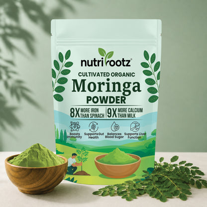 NUTRIROOTZ Organic Moringa Powder 100g | Drumstick Leaves Powder | Rich in Vitamins | Superfood For Immunity, Digestion & Energy | Helps With Hair & Skin