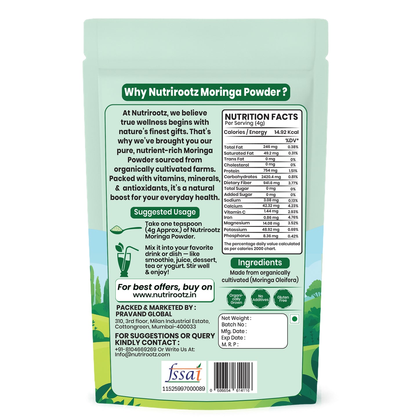 NUTRIROOTZ Organic Moringa Powder 100g | Drumstick Leaves Powder | Rich in Vitamins | Superfood For Immunity, Digestion & Energy | Helps With Hair & Skin