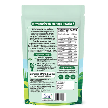 NUTRIROOTZ Organic Moringa Powder 100g | Drumstick Leaves Powder | Rich in Vitamins | Superfood For Immunity, Digestion & Energy | Helps With Hair & Skin
