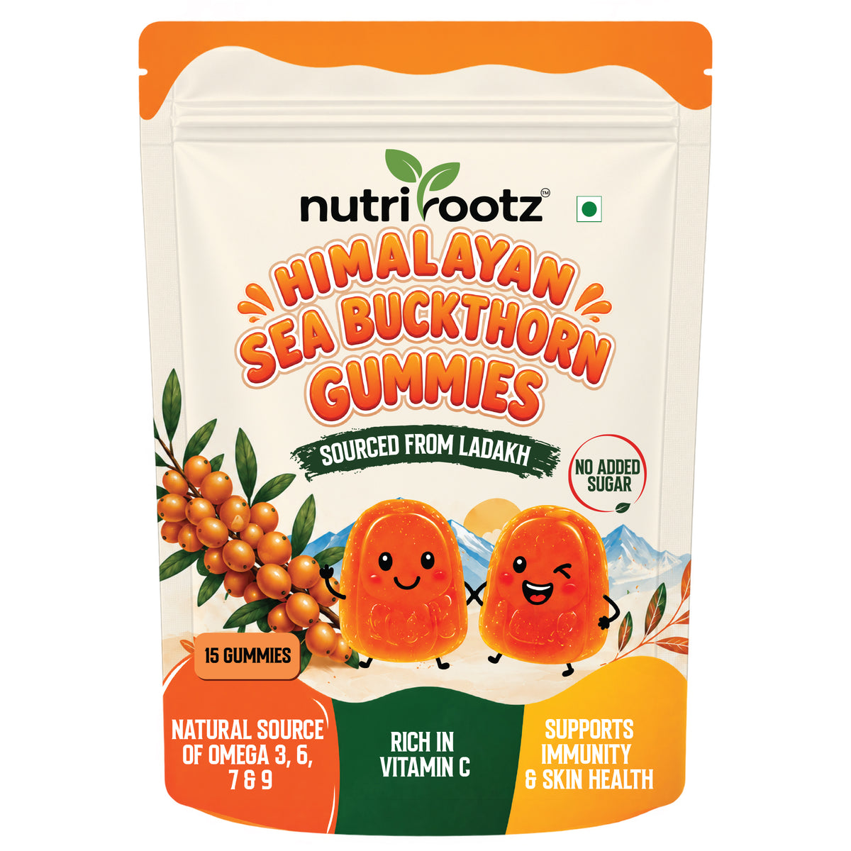 Nutrirootz Himalayan Sea Buckthorn Gummies | Sourced from Ladakh | Rich in Vitamin C & Omega 3, 6, 7 & 9 | Immunity & Skin Health Support (15 Gummies, No Added Sugar)