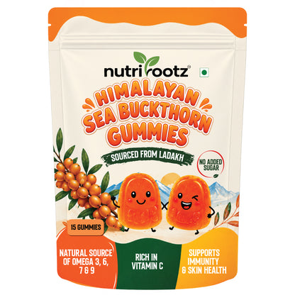 Nutrirootz Himalayan Sea Buckthorn Gummies | Sourced from Ladakh | Rich in Vitamin C & Omega 3, 6, 7 & 9 | Immunity & Skin Health Support (15 Gummies, No Added Sugar)